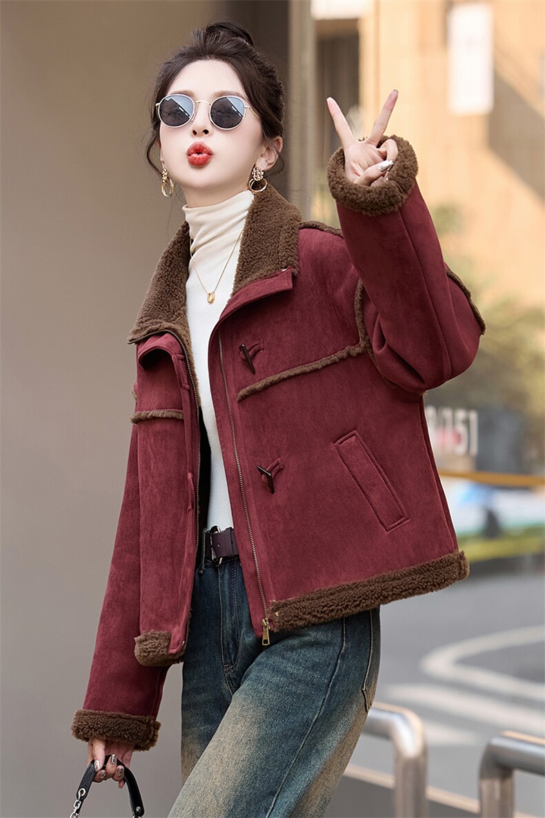 皮毛一体羊羔毛外套女冬2026新款仿鹿皮绒短款加绒加厚机车服上衣,女装棉衣/棉服,蓝诺裳