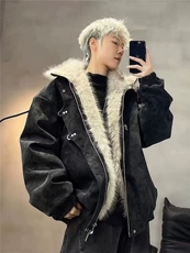 网图座山雕立领PU皮棉服外套男冬季保暖百搭宽松棉衣夹克，男装夹克，电商C307