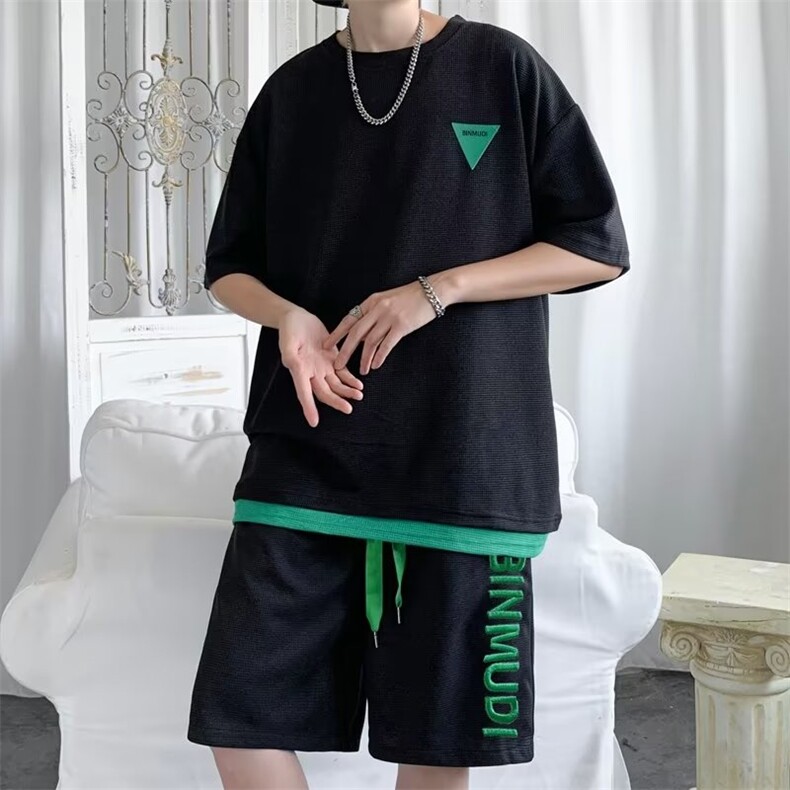 华夫格运动服套装男生夏季潮牌休闲短袖短裤两件套U35 310B-1-P40图片