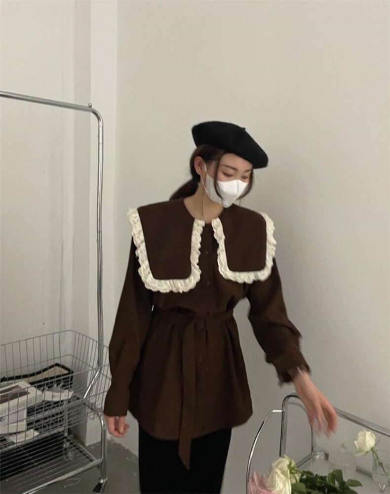 秋冬新品娃娃领大版系腰带衬衣，其它，新袖