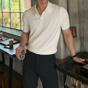 (网图）夏季条纹短袖polo衫男韩版修身翻领纯色休闲薄款T恤 P38图片
