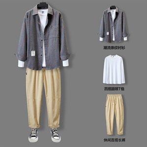 男春秋韩版潮流痞帅潮牌长袖衬衫三件套搭配休闲套装DF160T