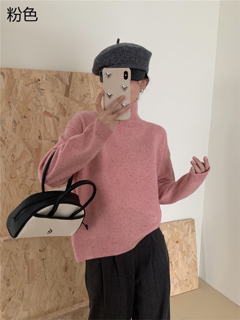 时尚女装高领羊毛衫 王菲同款彩点纱上衣 显瘦百搭粉色毛衣图片