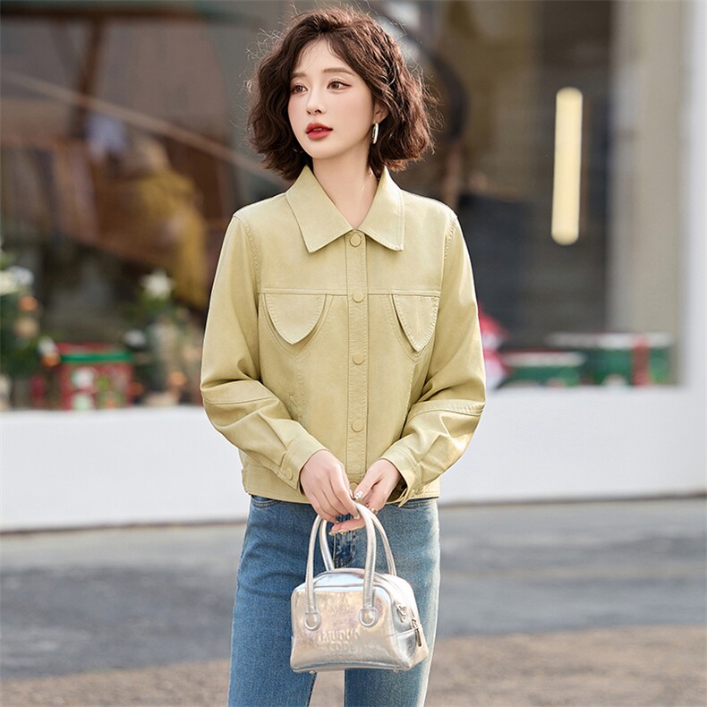 洋气减龄粉色短款皮衣外套女2025春新款小个子休闲翻领皮夹克上衣,女装皮衣,魅丽静蓝