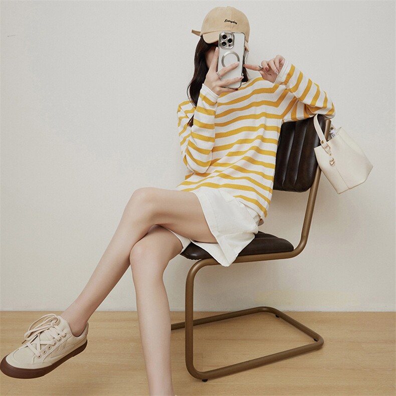 时尚条纹拼色长袖针织衫简约百搭显瘦秋季女装毛衣，女装针织衫/毛衣，佰旭羊绒