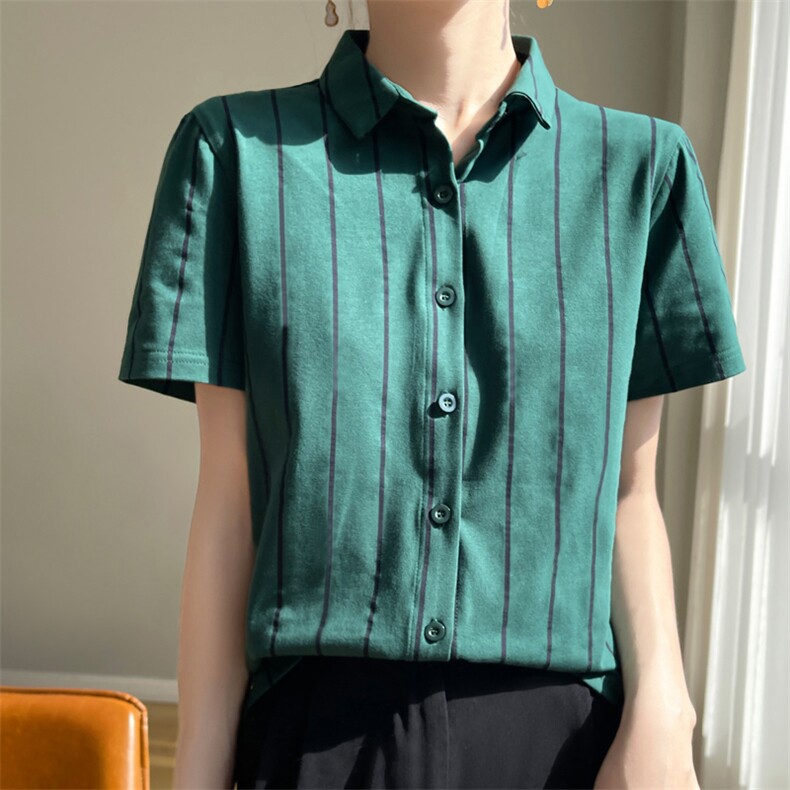 2025春夏新款翻领系扣休闲条纹衬衫女士减龄气质时髦百搭长袖衫，女装衬衫，宛庄羊绒