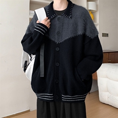 DA763-P65撞色拼接针织开衫外套男美式复古bf慵懒风宽松翻领毛衣，男装针织衫/毛衣，星座603-2