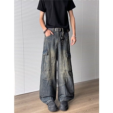 美式解构重工牛仔裤男款水洗宽松小众多口袋阔腿长裤J7621P60，男装牛仔裤，星座1013-1