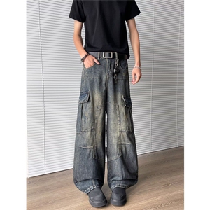 美式解构重工牛仔裤男款水洗宽松小众多口袋阔腿长裤J7621 P60图片