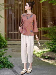 长期有货2026夏装新款复古提花天丝休闲两件套装女中式印花小脚裤图片