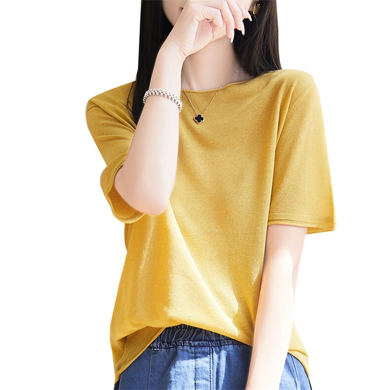 2024夏季新款卷边圆领针织短袖女纯色半袖T恤上衣宽松内搭打底衫,针织衫/毛衣,朝思羊绒
