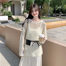 2025夏季新款韩系穿搭一整套女高级感气质吊带连衣裙针织罩衫套装，女装连衣裙，维壹