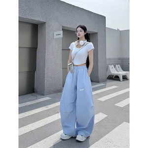 美式蓝色条纹女夏季hiphop爵士舞弯刀裤宽松休闲阔腿裤K6361-P49图片