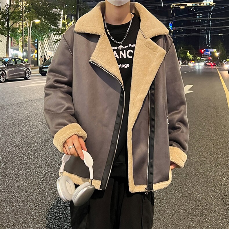 翻领皮衣加绒加厚男女冬季宽松休闲外套D012-P125图片