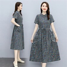 连衣裙2024年夏季时尚气质优雅百搭简约印花中长款2024年夏季，女装连衣裙，倪叶myz