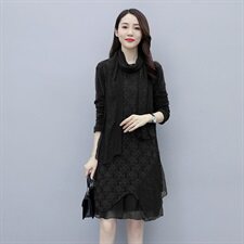 2020冬季新款蕾丝拼接网纱袖中长款加绒宽松打底连衣裙（配围巾)，女装连衣裙，安之芮娜