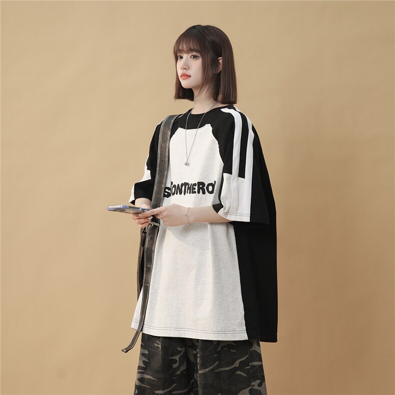 2025夏季新款美式复古拼接T恤短袖T1075P35控49230克双纱100棉，男装T恤，电商A148-1