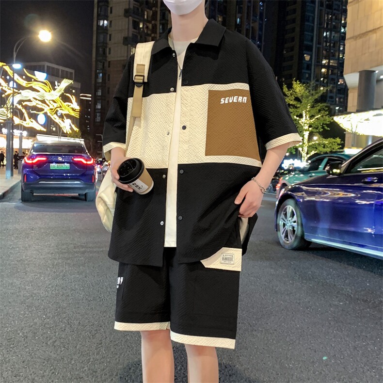 港风夏潮流印花拼接开衫宽松短袖衬衣短裤帅气套装A436-D218-P60,男装休闲套装,电商A436