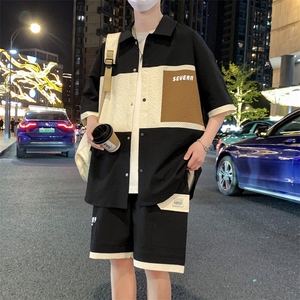 港风夏潮流印花拼接开衫宽松短袖衬衣短裤帅气套装 A436-D218-P60图片