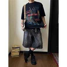 闪电纹复古牛仔七分裤男夏季高街hiphop潮短裤情侣马裤LB1422-p45，男装牛仔裤，星座1008