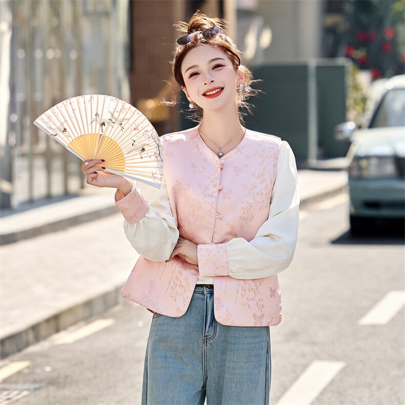 2025春季新款新中式国风刺绣缎面马甲高级感袖口拼接衬衫两件套女,女装套装/套裙,辉煌依升