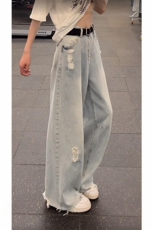 (网图慎用)浅蓝色毛边破洞牛仔裤男女夏季直筒裤NK8652-特价P50，男装牛仔裤，电商A007