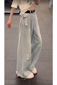 (网图慎用)浅蓝色毛边破洞牛仔裤男女夏季直筒裤NK8652-特价P50图片
