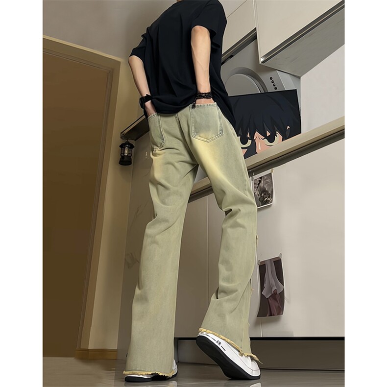 现货24春夏黄泥开叉毛边宽松牛仔裤设计感微喇休闲裤男K5803-P55,男装牛仔裤,星座205