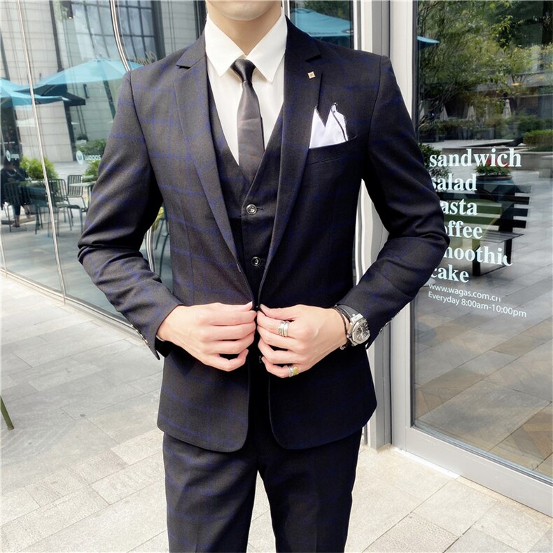 2025新款格子商务休闲三件套装西服1909-P210,男装西服,星座311B