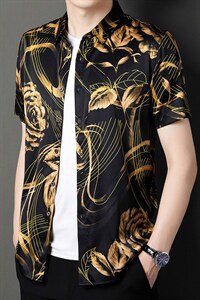新款2023夏季男装上衣休闲百搭短袖宽松衬衫男士衬衣潮流图片