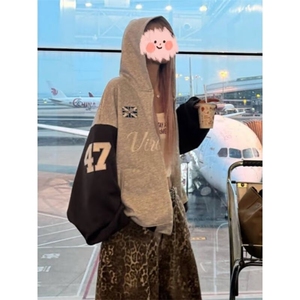 W10439-P58网图现货连帽开衫拉链卫衣拼接百搭运动夹克外套