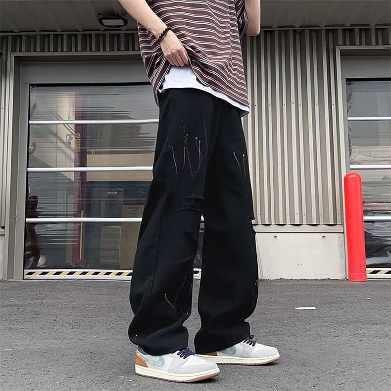 潮流美式泼墨直筒弯刀裤男士夏季款宽松复古休闲裤潮牌宽松直筒裤,男装休闲裤,星座506A