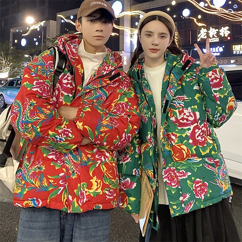 Y251男女连帽东北大花棉服棉袄风新中式团队上款差价,男装棉衣,星座115A(原星座507）