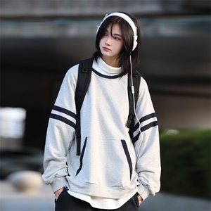 港风春款男女圆领套头卫衣条纹撞色宽松休闲外套WY033 P45图片