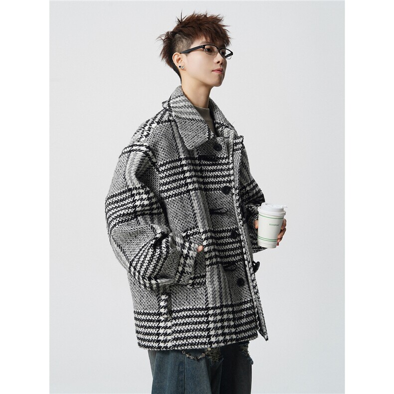 羊毛呢子加棉加厚棉衣宽松格子设计感翻领棉服A170-N62-P158,男装棉衣,电商A170