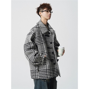 羊毛呢子加棉加厚棉衣宽松格子设计感翻领棉服A170-N62-P158,男士牛仔羊羔服穿搭图片