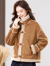 2025冬季时尚简约大方气质优雅显瘦休闲百搭潮流皮毛一体外套，女装羊羔毛/颗粒绒，独衣靓