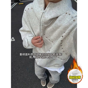 480G重磅加绒硬挺boxy男女美式高街卫衣铆钉杜宾犬耳朵开衫厚外套图片