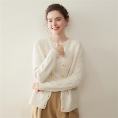 云感软糯~宽松加厚山羊绒开衫2025秋冬新圆领女麻花针织毛衣外套，女装羊绒衫，澳煜绒