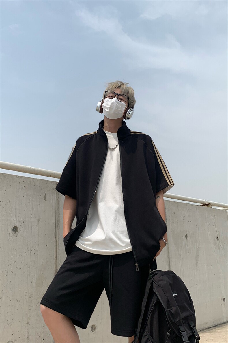 胖胖哥港风潮流三条杠短纯色袖t恤男夏季大码宽松百搭休闲五分裤,男装T恤,电商A007