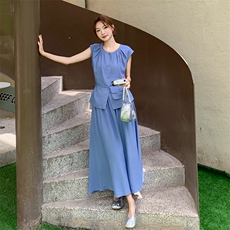 蓝色无袖衬衫半身裙套装女夏2025新款气质休闲大方得体穿搭一整套，女装套装/套裙，2C159