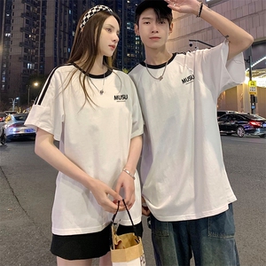 200克宽松圆领三条杠短袖T恤棉情侣团队服班服定制潮男女V4图片