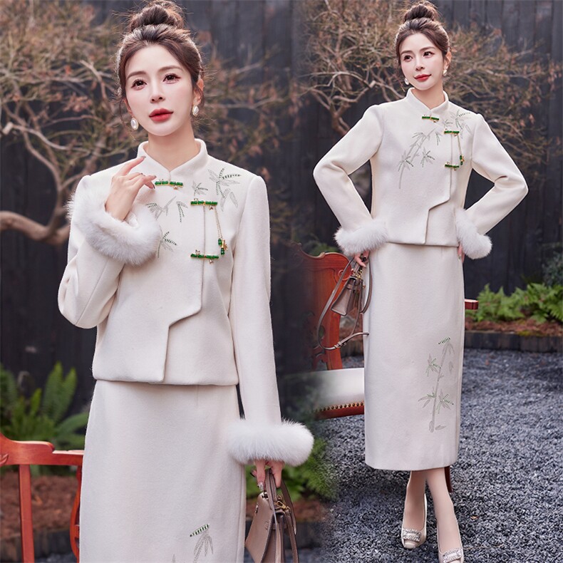 改良旗袍新款秋冬季加厚长袖年轻款气质高端刺绣连衣裙女冬小个子,女装套装/套裙,芷墨服饰