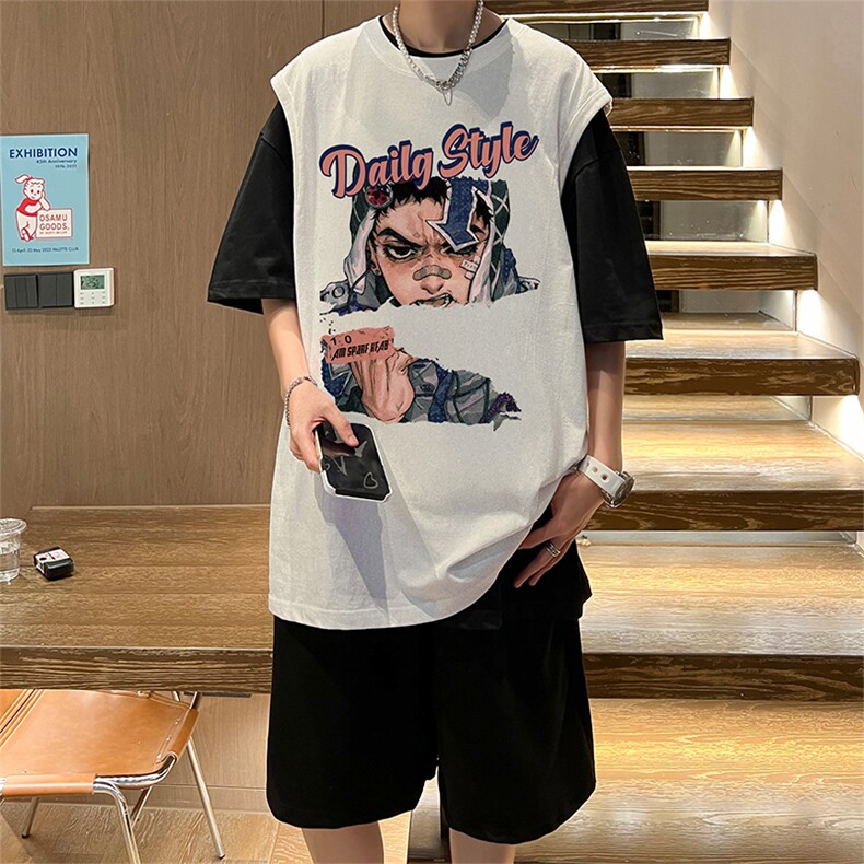 直播品质美式宽松纯棉背心无袖t恤短裤大码两件套套装TZ13-P58,男装T恤,电商A486