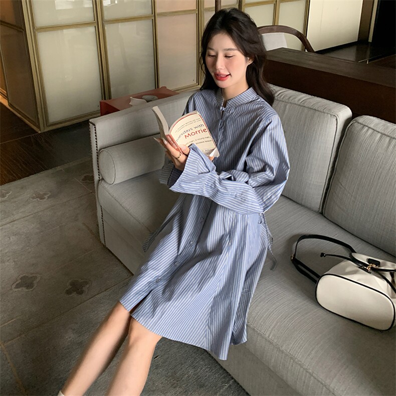 蓝条衬衫裙休闲可爱连衣裙,女装连衣裙,2B137