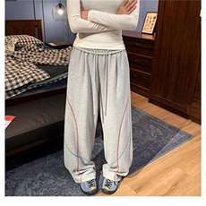 潮牌慵懒风藏青色哈苏线弯刀卫裤女男秋季阔腿休闲裤设计感运动裤，女装休闲裤，星座1210-1