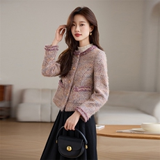 小香风加棉加厚内胆毛呢短外套女2024秋冬圆领毛边设计感气质上衣，女装毛呢外套，婵米儿