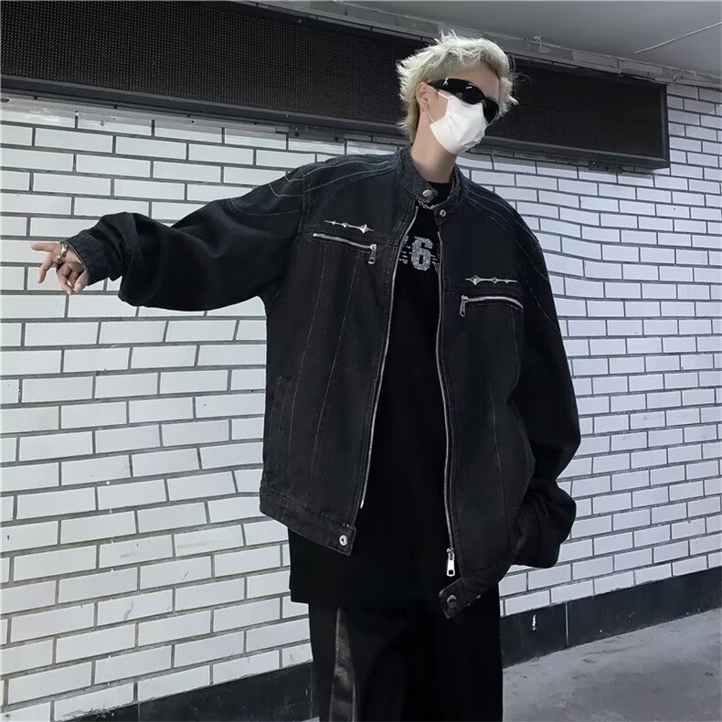 美式复古做旧水洗垫肩短款拼接牛仔外套潮金属无领夹克男JN1224,男装夹克,星座1116A-1（原606A）