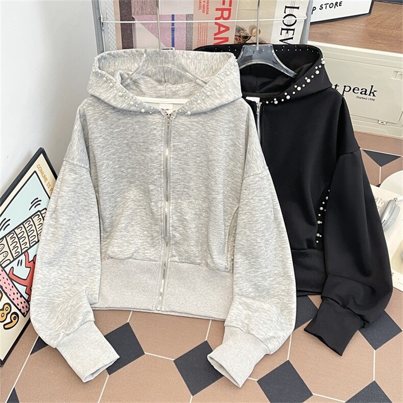 秋季新款美式小众设计钉珍珠短款连帽外套女复古修身黑色夹克，男装夹克，星座506A