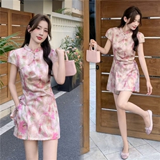 新中式立领印花连衣裙女2026夏季新款盘扣气质显瘦改良旗袍裙，女装套装/套裙，丽影随形